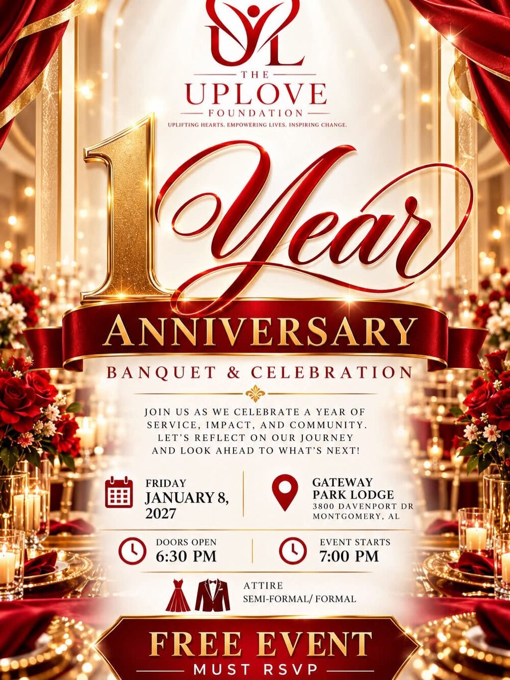 UpLove Foundation 1-Year Anniversary Banquet & Celebration flyer: Friday, January 8, 2027, Gateway Park Lodge, doors 6:30 PM, event 7:00 PM, semi-formal/formal attire, free event, must RSVP.
